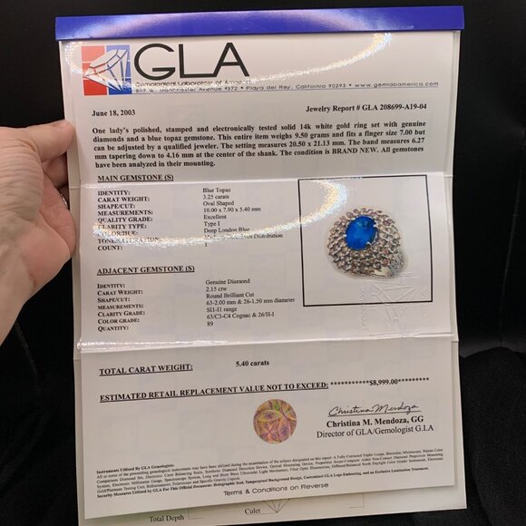 3.25 ct London Blue Topaz 2.15 ctw Diamond Huge 14K Gold Ring Sz 7 New Old Stock - Picture 9 of 9